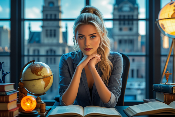 Jovem loira sentada à mesa com dois globos e livros, fundo de cidade visível pela janela