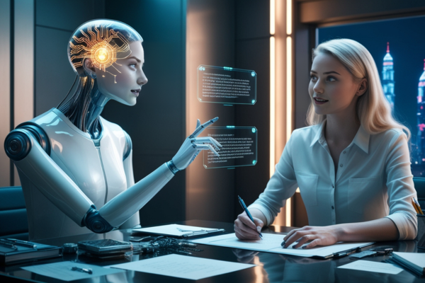 Robô e humana gesticulando conceitos com hologramas