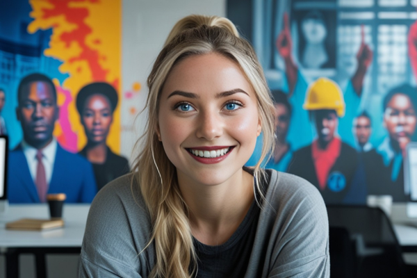 Jovem loira sorridente com fundo urbano e painéis visuais coloridos